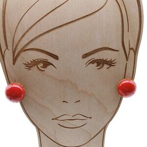 Vintage Red Button Earrings with Gold Tone Scalloped Edge Design on Screw Back